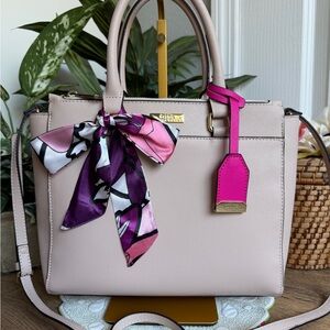 Trina Turk Vegan Leather Satchel Crossbody Bag in Nude w/Black Trim